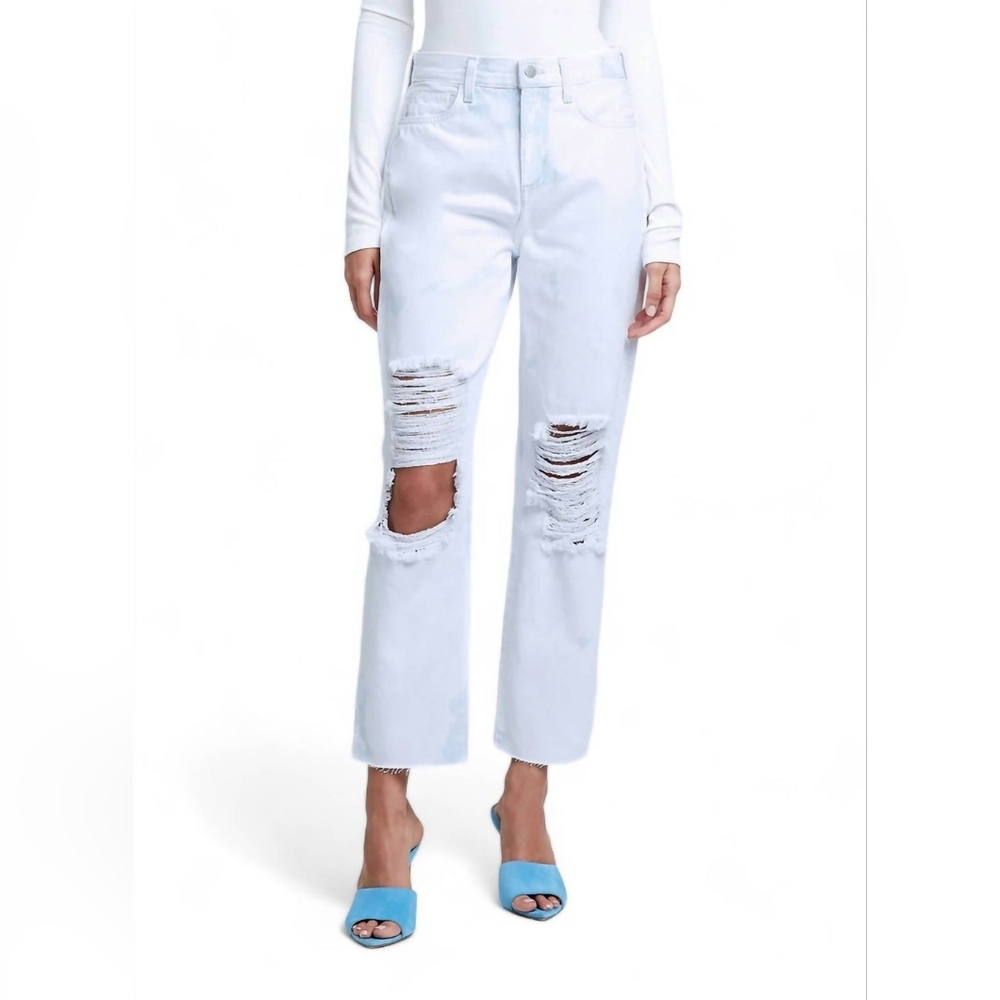 L'agence Jeans Women's Sz 31 White Blue Acid Wash Adele High Distress Crop NWOT